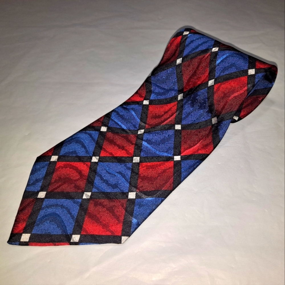 Avanzini 💯 Silk Designer Men's Necktie 58" x 3.75" Diamonds Blue/Red/Blk Italy